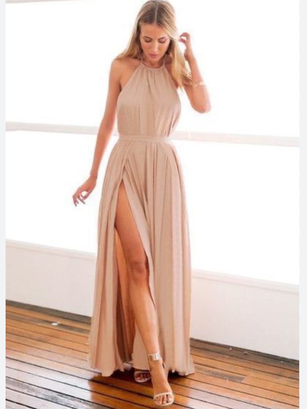Tobi Backless Flowy  Blush Grecian Goddess Halter-Neck High Slit Maxi Dress